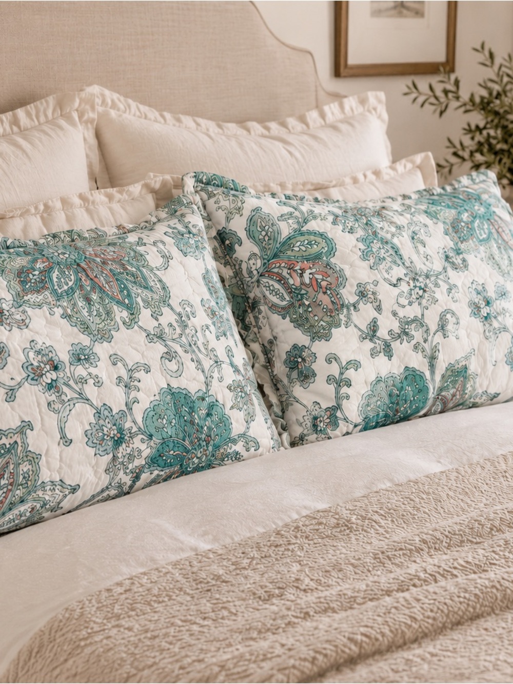 Martha Stewart Teal Floral Quilt Pillow Shams - Set of 2